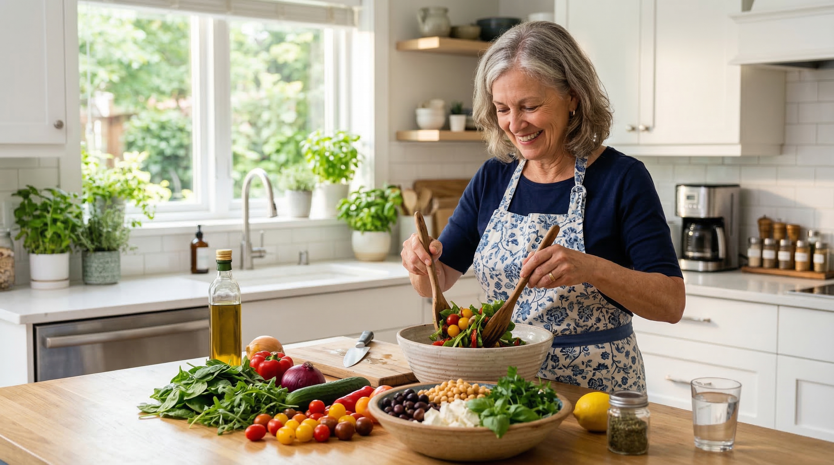 Mujer mayor preparando ensalada colorida con verduras frescas