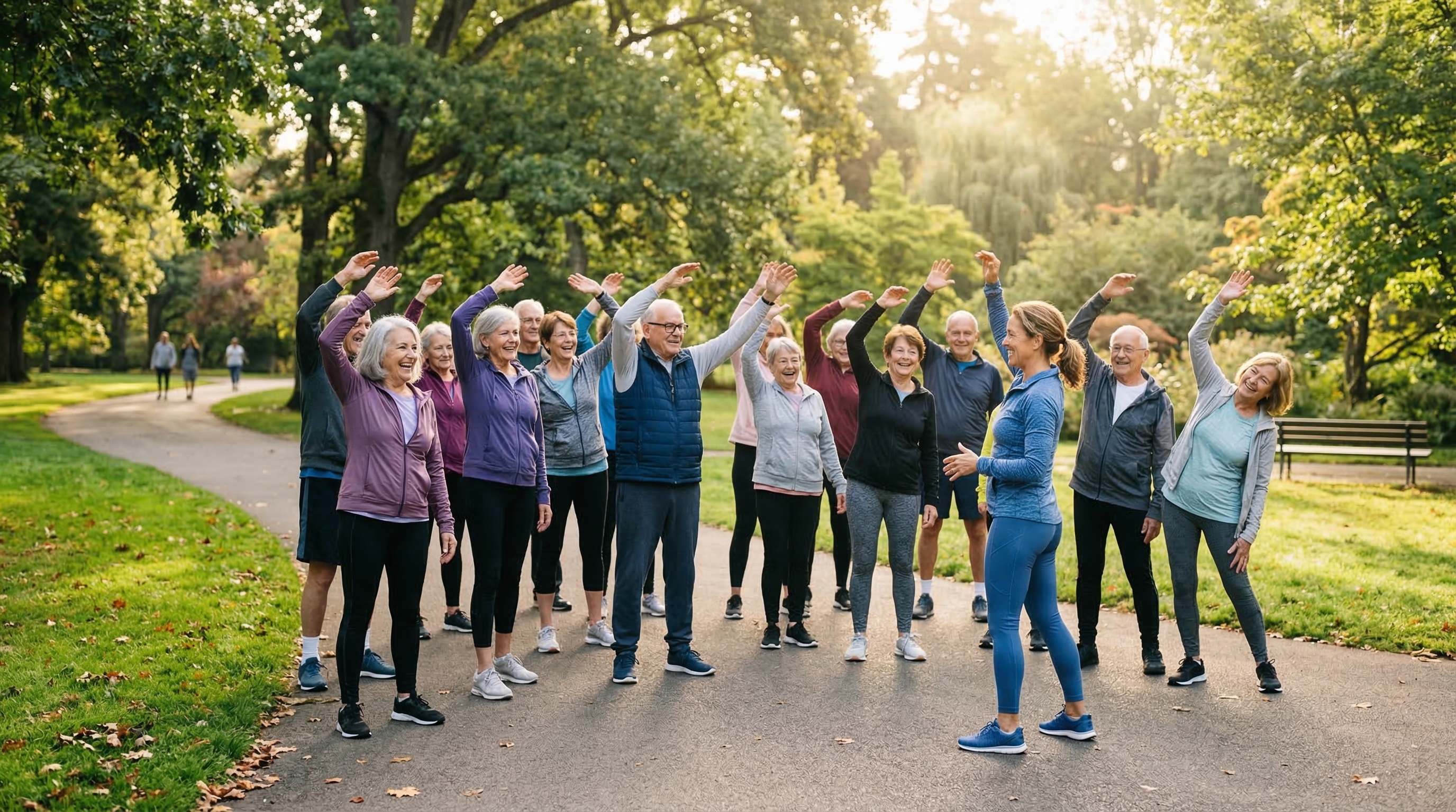Grupo de personas mayores haciendo ejercicios de estiramiento en un parque