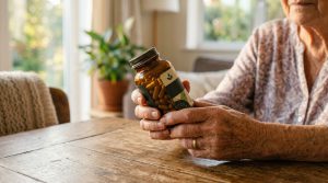 Manos de persona mayor sosteniendo suplementos para articulaciones